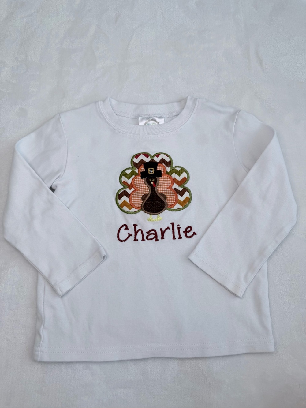 White Long-Sleeve Shirt with Turkey Appliqué & Charlie Monogram (size 3T)